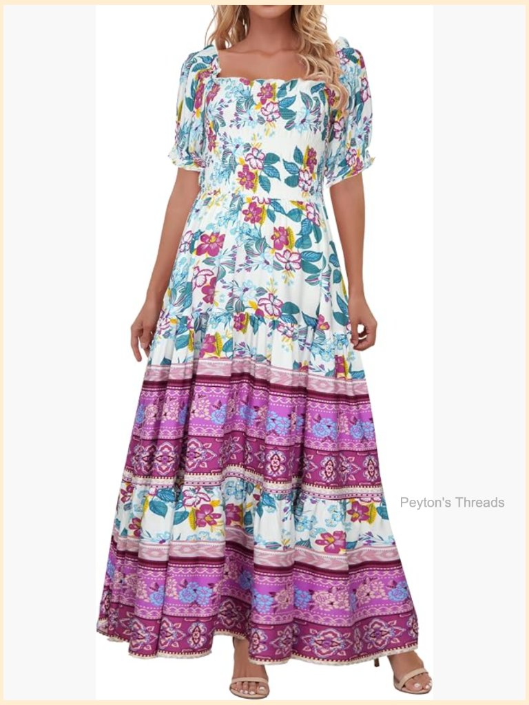 Square Neck Puff Sleeves Smocked Tiered Ruffle High Waist A-Line Flowy Maxi